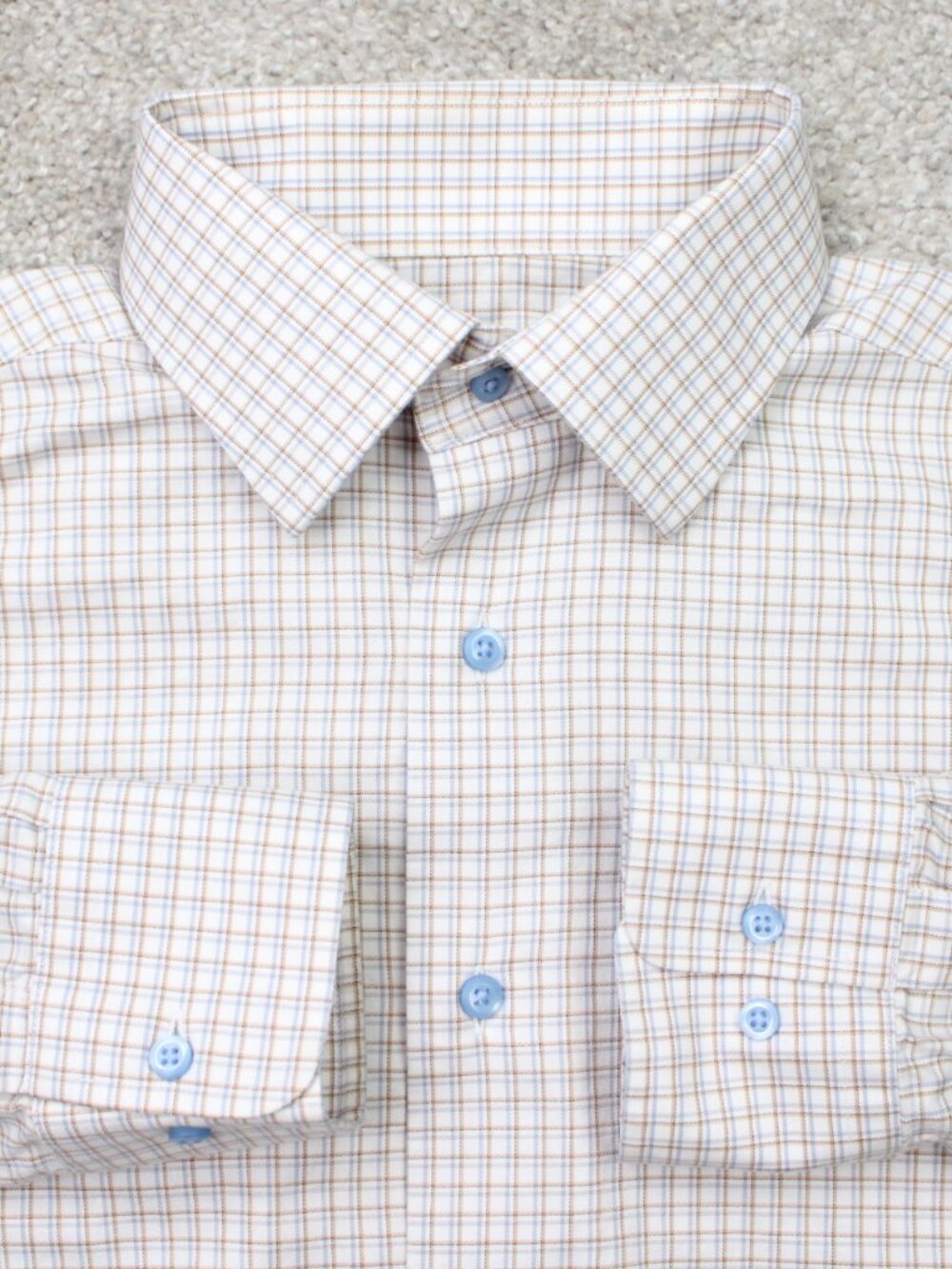 David Donahue Shirt Mens 15.5, 34/35 Beige/Blue Checkered Trim Fit Long Sleeve